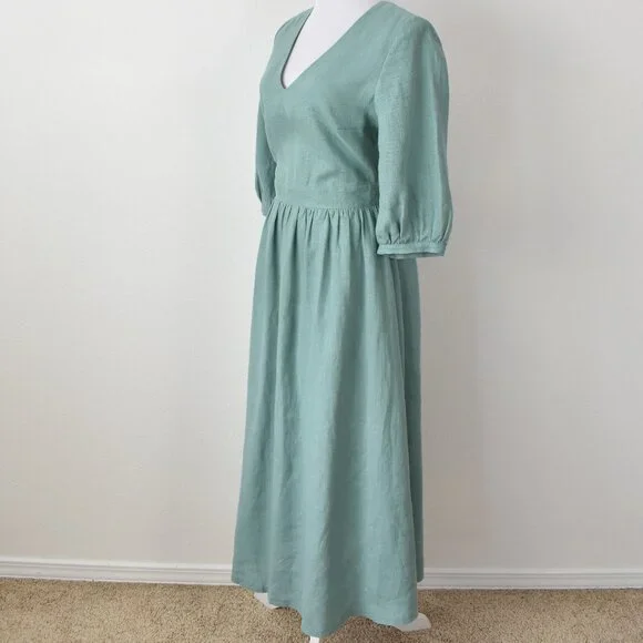 Linen Handmade Studio Open Back Madeleine Midi Dress Teal - 6 - Picture 3 of 11